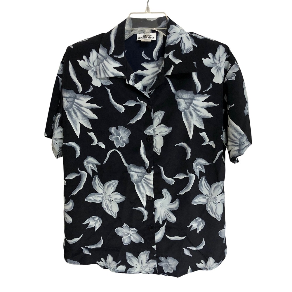 Simply Irresistible Shirt Women's S (fits Large) Hawaiian Gray Flowers Black 80s
